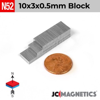 10mm x 3mm x 0.5mm N52 Neodymium Block Magnet - Ultra Thin Strip 10x3x0.5mm