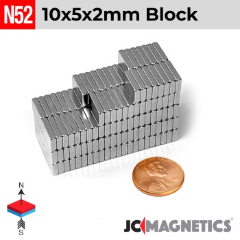 10mm x 5mm x 2mm N52 Neodymium Block Magnet - 5/64" Strip 10x5x2mm