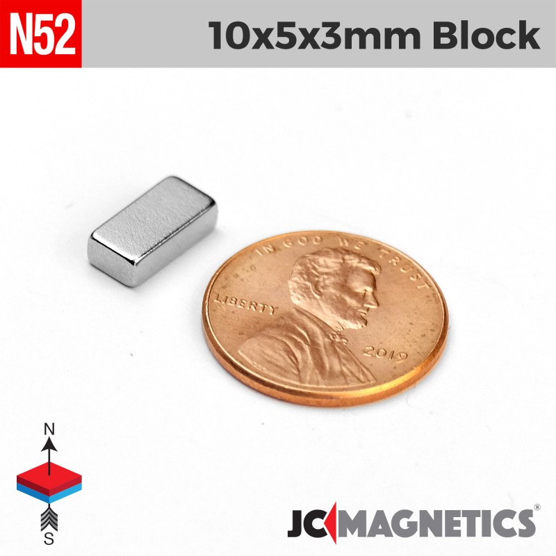 10mm x 5mm x 3mm N52 Neodymium Block Magnet - 1/8" Power Strip 10x5x3mm