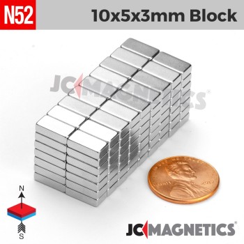 10mm x 5mm x 3mm N52 Neodymium Block Magnet - 1/8" Power Strip 10x5x3mm