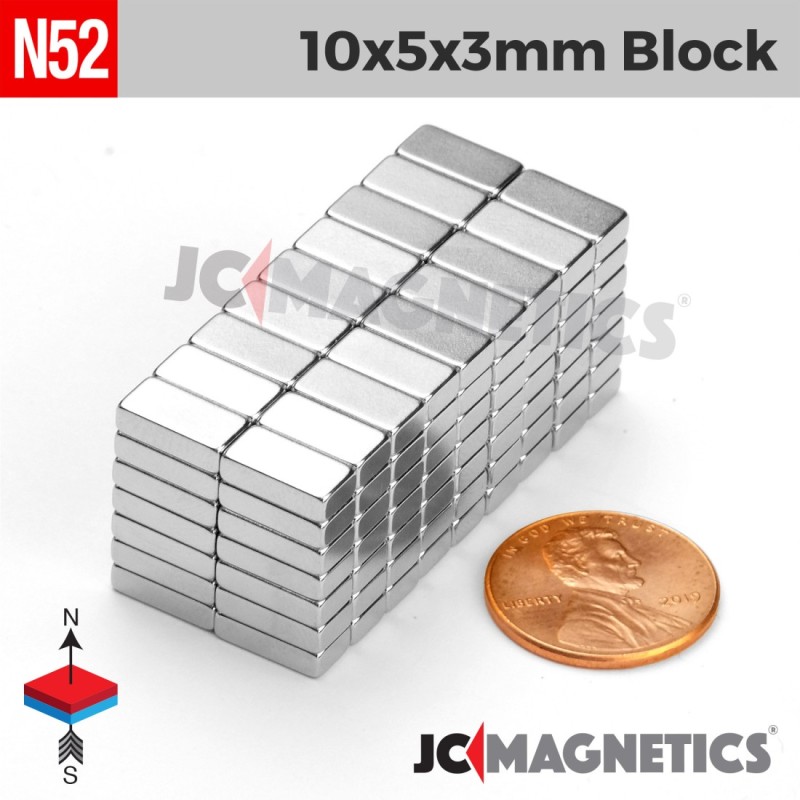 10mm x 5mm x 3mm N52 Neodymium Block Magnet - 1/8" Power Strip 10x5x3mm