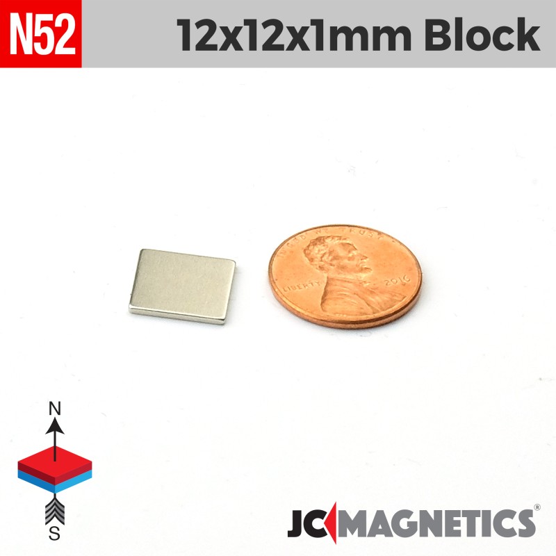 12mm x 12mm x 1mm N52 Neodymium Square Block - 15/32" x 1/32" - 12x12x1mm
