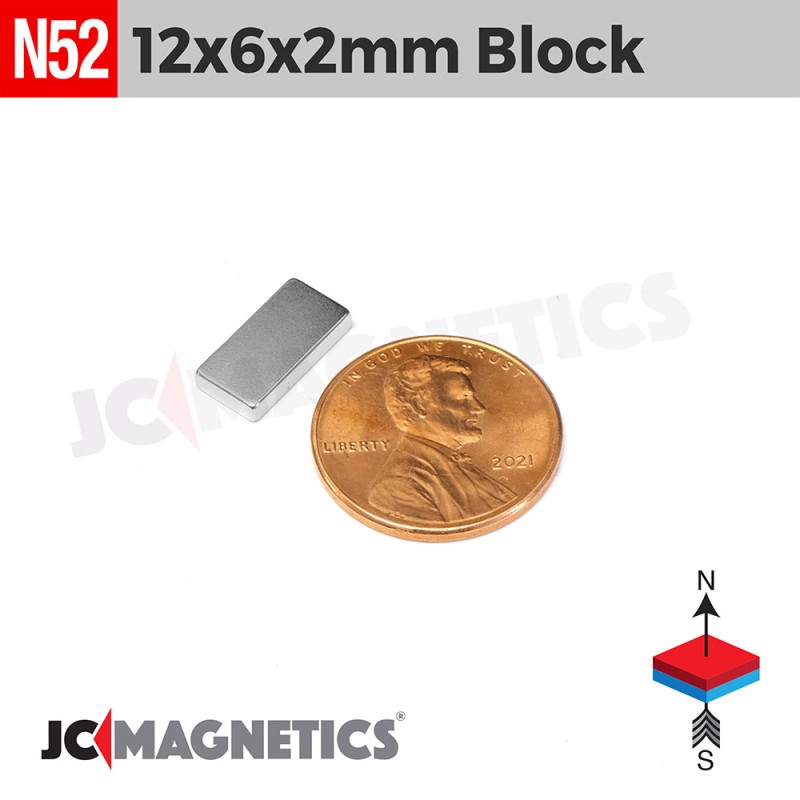 12mm x 6mm x 2mm N52 Neodymium Block Magnet - 5/64" Strip 12x6x2mm