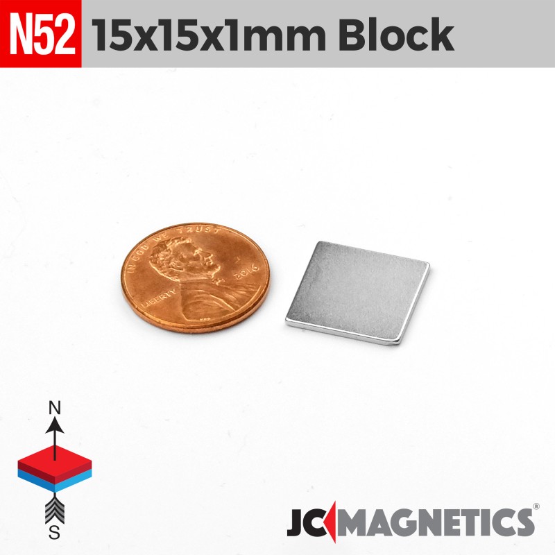 15mm x 15mm x 1mm N52 Neodymium Square Block Magnet 15x15x1mm