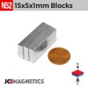 15mm x 5mm x 1mm N52 Neodymium Block Magnet - 1/32" Thin Strip 15x5x1mm