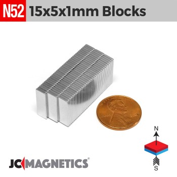 15mm x 5mm x 1mm N52 Neodymium Block Magnet - 1/32" Thin Strip 15x5x1mm 15mm x 5mm x 1mm N52 Neodymium Block Magnet - 1/32" Thin Strip 15x5x1mm