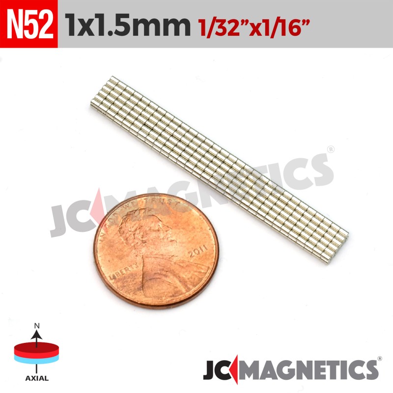 1mm x 1.5mm N52 Neodymium Micro Cylinder Magnet - 1/32" x 1/16" - 1x1.5mm