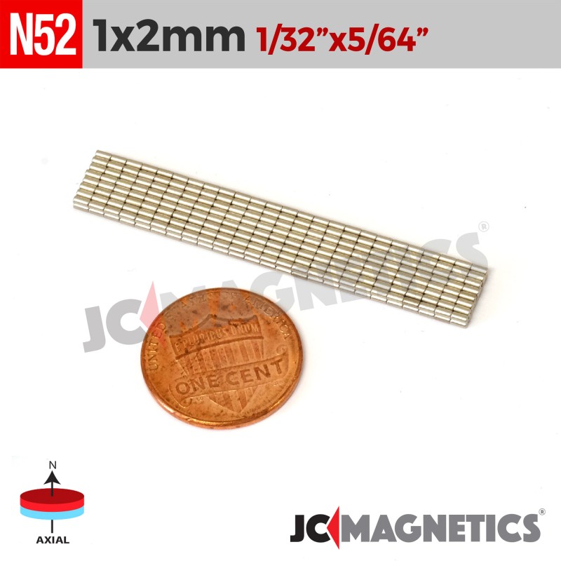 1mm x 2mm N52 Neodymium Cylinder Magnet - 1/32" x 5/64" Micro Rod 1x2mm