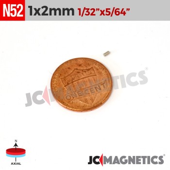 1mm x 2mm N52 Neodymium Cylinder Magnet - 1/32" x 5/64" Micro Rod 1x2mm