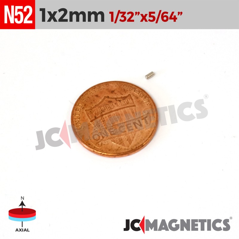 1mm x 2mm N52 Neodymium Cylinder Magnet - 1/32" x 5/64" Micro Rod 1x2mm