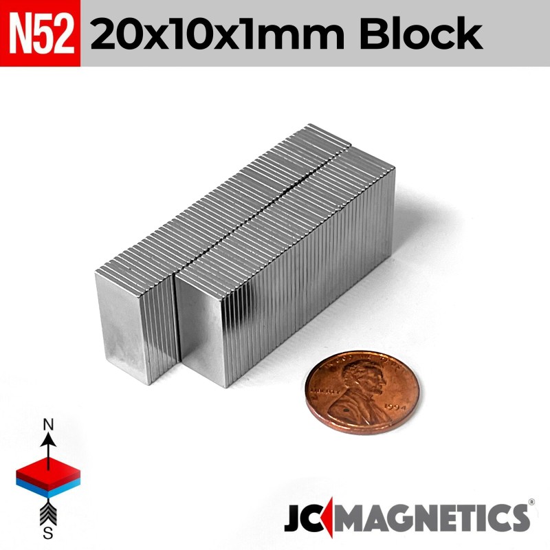 20mm x 10mm x 1mm N52 Neodymium Block Magnet - 1/32" Thin Strip 20x10x1mm