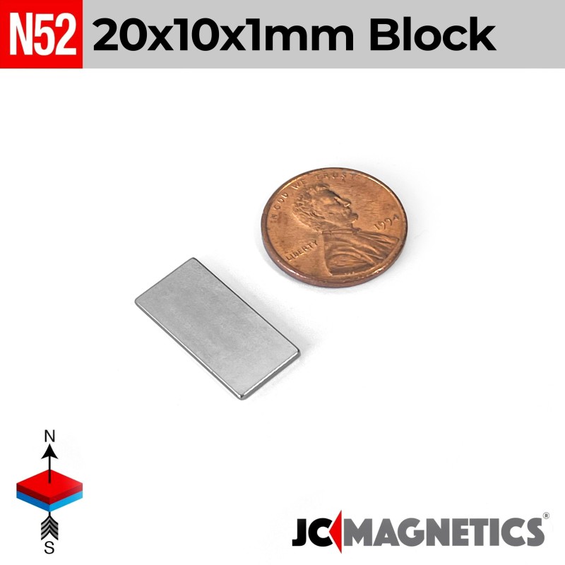 20mm x 10mm x 1mm N52 Neodymium Block Magnet - 1/32" Thin Strip 20x10x1mm