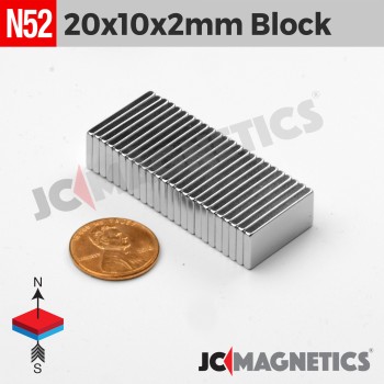 20mm x 10mm x 2mm N52 Neodymium Block Magnet - 5/64" Strip 20x10x2mm