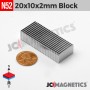 20mm x 10mm x 2mm N52 Neodymium Block Magnet - 5/64" Strip 20x10x2mm