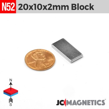 20mm x 10mm x 2mm N52 Neodymium Block Magnet - 5/64" Strip 20x10x2mm 20mm x 10mm x 2mm N52 Neodymium Block Magnet - 5/64" Strip 20x10x2mm