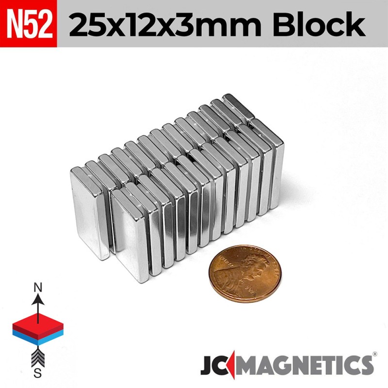 25mm x 12mm x 3mm N52 Neodymium Block Magnet - 25x12x3mm