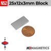 25mm x 12mm x 3mm N52 Neodymium Block Magnet - 25x12x3mm