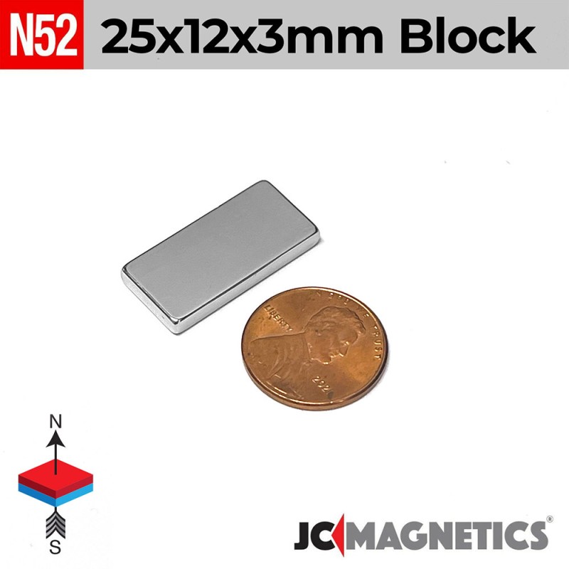 25mm x 12mm x 3mm N52 Neodymium Block Magnet - 25x12x3mm