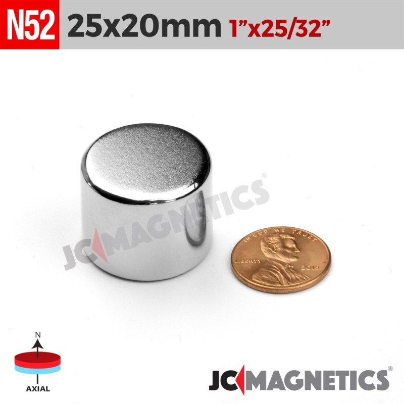 25mm x 20mm N52 Neodymium Cylinder Magnet - 63/64" x 13/16" Rod 25x20mm
