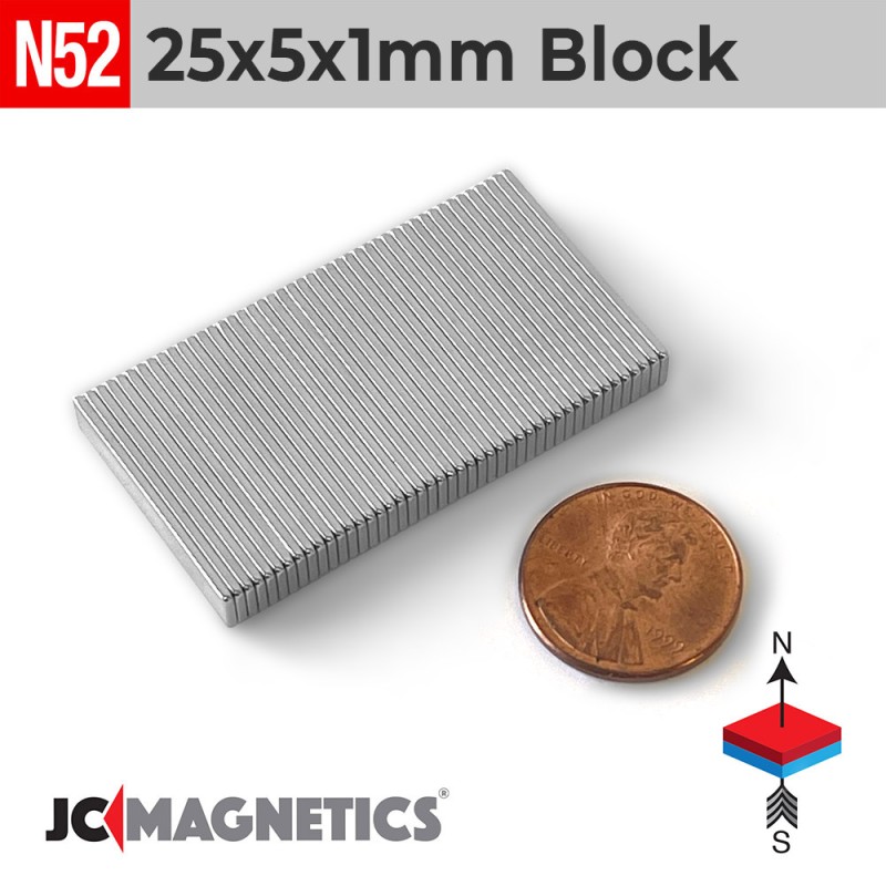 25mm x 5mm x 1mm N52 Neodymium Block Magnet 25x5x1mm Thin Strip