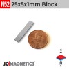 25mm x 5mm x 1mm N52 Neodymium Block Magnet 25x5x1mm Thin Strip