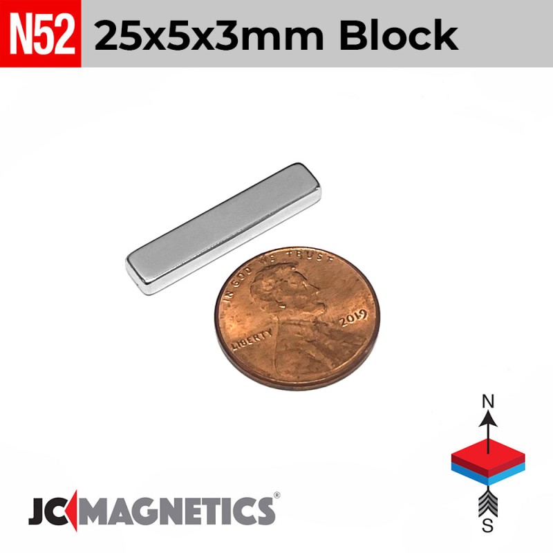 25mm x 5mm x 3mm N52 Neodymium Block Magnet 25x5x3mm