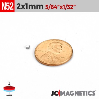 2mm x 1mm N52 Neodymium Disc Magnet - 5/64" x 1/32" Thin Disc 2x1mm 2mm x 1mm N52 Neodymium Disc Magnet - 5/64" x 1/32" Thin Disc 2x1mm