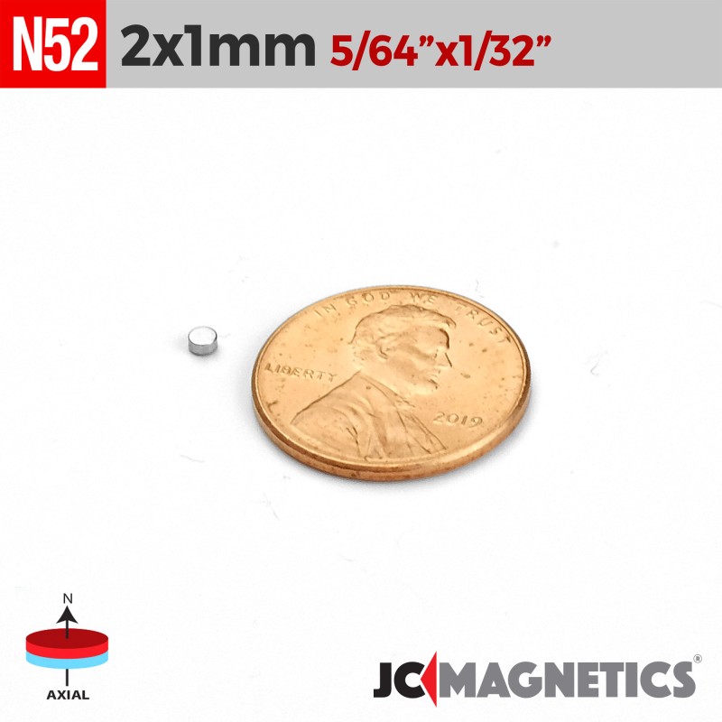 2mm x 1mm N52 Neodymium Disc Magnet - 5/64" x 1/32" Thin Disc 2x1mm 2mm x 1mm N52 Neodymium Disc Magnet - 5/64" x 1/32" Thin Disc 2x1mm