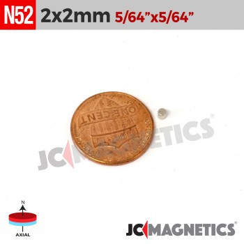2mm x 2mm N52 Neodymium Cylinder Magnet - 5/64" x 5/64" Rod 2x2mm 2mm x 2mm N52 Neodymium Cylinder Magnet - 5/64" x 5/64" Rod 2x2mm