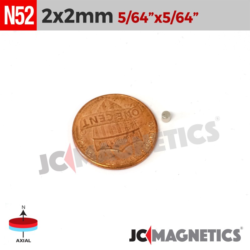 2mm x 2mm N52 Neodymium Cylinder Magnet - 5/64" x 5/64" Rod 2x2mm