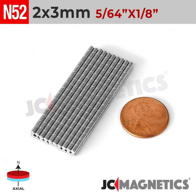 2mm x 3mm N52 Neodymium Cylinder Magnet - 5/64" x 1/8" Micro Rod 2x3mm