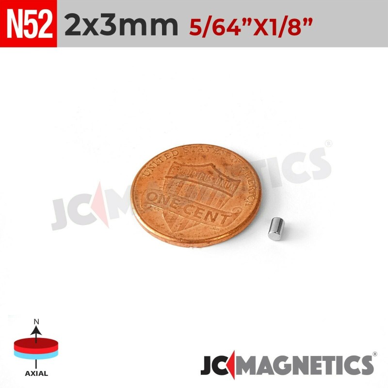 2mm x 3mm N52 Neodymium Cylinder Magnet - 5/64" x 1/8" Micro Rod 2x3mm