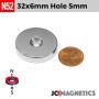 32mm x 6mm x Hole 5mm N52 Countersunk Rare Earth Neodymium Magnet Rings 32x6mm H5mm