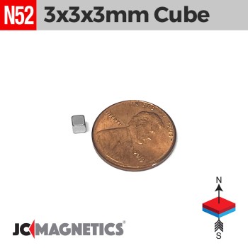 3mm x 3mm x 3mm N52 Neodymium Cube Magnet - 1/8" Rare Earth