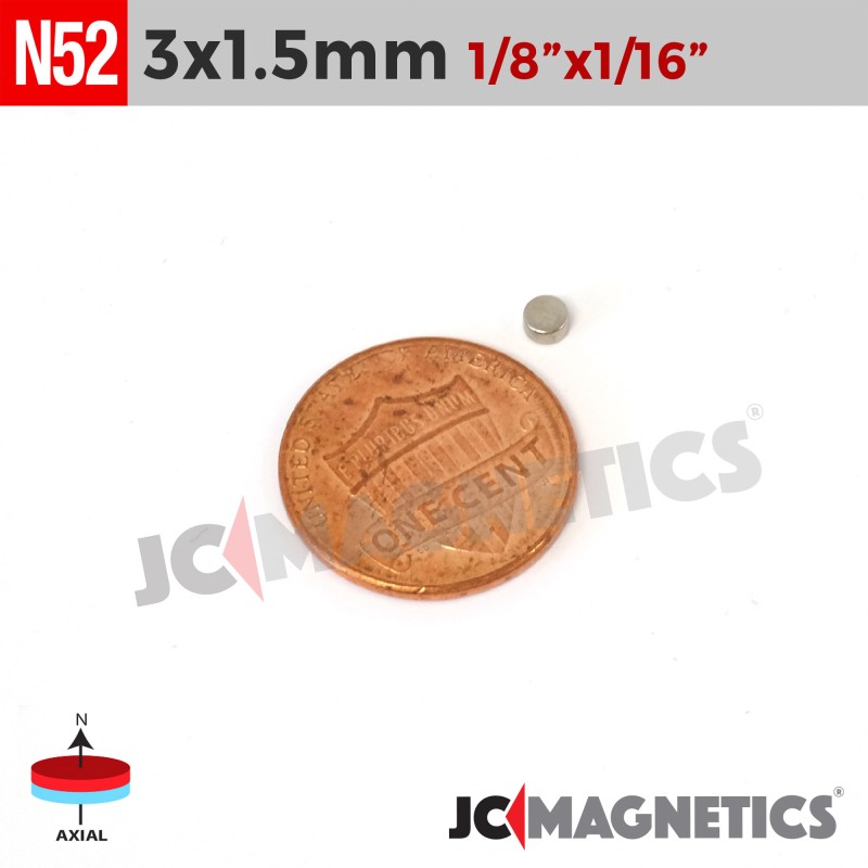 3mm x 1.5mm N52 Neodymium Disc Magnet - 1/8" x 1/16" Strong Disc 3x1.5mm