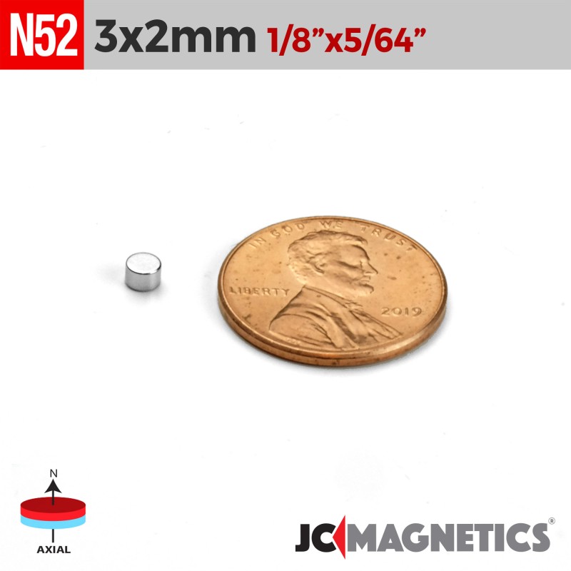 3mm x 2mm N52 Neodymium Disc Magnet - 1/8" x 5/64" Strong Disc 3x2mm 3mm x 2mm N52 Neodymium Disc Magnet - 1/8" x 5/64" Strong Disc 3x2mm