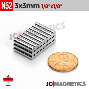 3mm x 3mm N52 Neodymium Cylinder Magnet - 1/8" x 1/8" Strong Rod 3x3mm