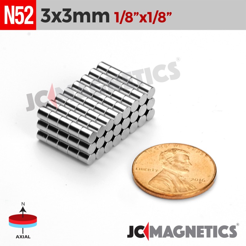 3mm x 3mm N52 Neodymium Cylinder Magnet - 1/8" x 1/8" Strong Rod 3x3mm
