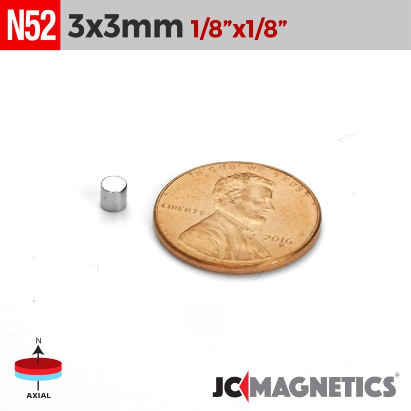 3mm x 3mm N52 Neodymium Cylinder Magnet - 1/8" x 1/8" Strong Rod 3x3mm