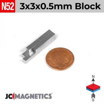3mm x 3mm x 0.5mm N52 Neodymium Square Thin Block - 1/8" x 1/8" x 1/64" - 3x3x0.5mm