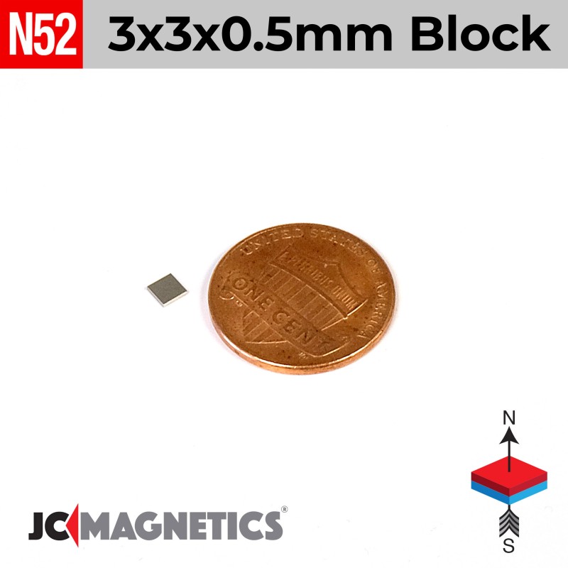 3mm x 3mm x 0.5mm N52 Neodymium Square Thin Block - 1/8" x 1/8" x 1/64" - 3x3x0.5mm
