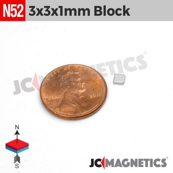3mm x 3mm x 1mm N52 Neodymium Square Block - 1/8" x 1/8" x 1/32" - 3x3x1mm 3mm x 3mm x 1mm N52 Neodymium Square Block - 1/8" x 1/8" x 1/32" - 3x3x1mm