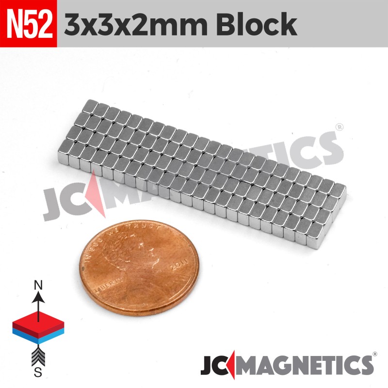 3mm x 3mm x 2mm N52 Neodymium Square Micro Magnet Block 3x3x2mm