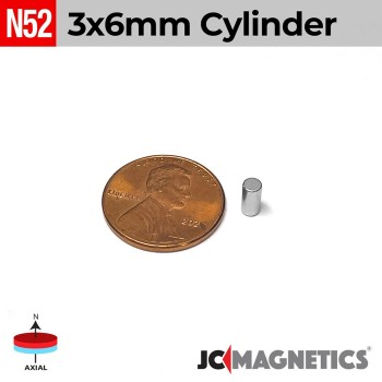 3mm x 6mm N52 Neodymium Cylinder Magnet - 1/8" x 15/64" Rod 3x6mm