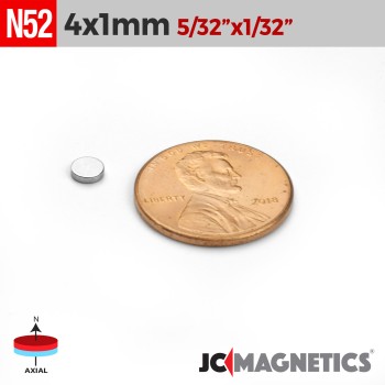 4mm x 1mm N52 Neodymium Disc Magnet - 5/32" x 1/32" Thin Disc 4x1mm 4mm x 1mm N52 Neodymium Disc Magnet - 5/32" x 1/32" Thin Disc 4x1mm