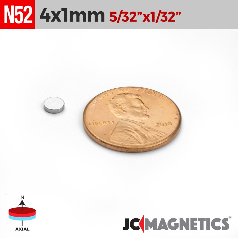 4mm x 1mm N52 Neodymium Disc Magnet - 5/32" x 1/32" Thin Disc 4x1mm 4mm x 1mm N52 Neodymium Disc Magnet - 5/32" x 1/32" Thin Disc 4x1mm