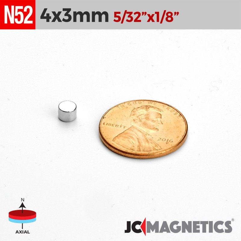 4mm x 3mm N52 Neodymium Cylinder Magnet - 5/32" x 1/8" Strong Disc 4x3mm