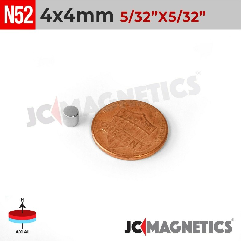 4mm x 4mm N52 Neodymium Cylinder Magnet - 5/32" x 5/32" Rod 4x4mm