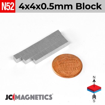 4mm x 4mm x 0.5mm N52 Neodymium Magnet Square Block - 5/32" x 5/32" x 1/64" 4x4x0.5mm