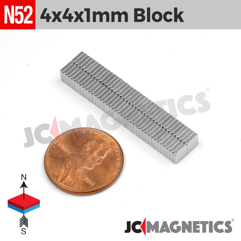 4mm x 4mm x 1mm N52 Neodymium Magnet 5/32" x 1/32" Square Block 4x4x1mm